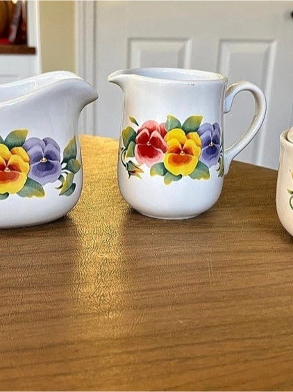 Corelle coordinates - summer blush, pansies,Gravy,Creamer,lidded Sugar Bowl